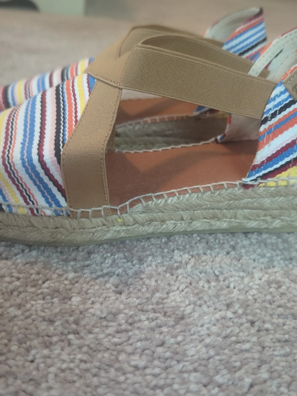 Striped Canvas Espadrille Wedges with Tan Cross Straps